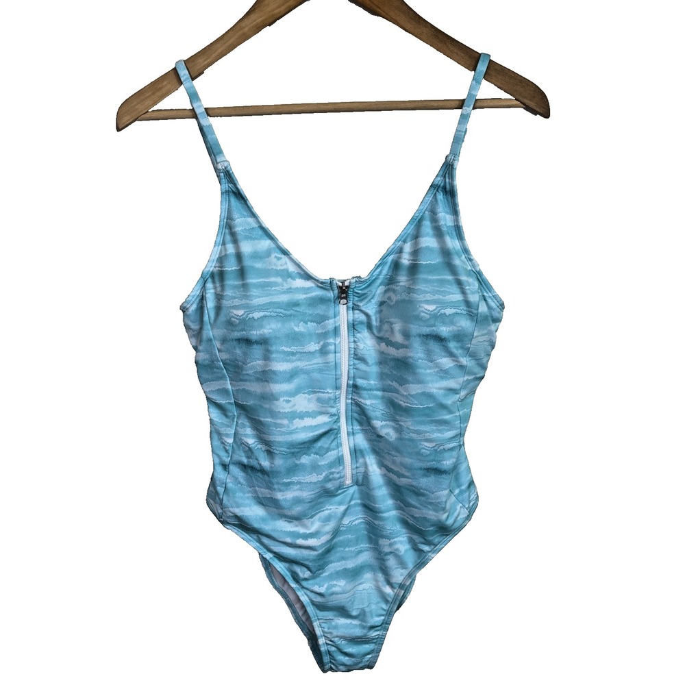 Hurley‎ Swimsuit Womens Sz L Blue One Piece Front Zip Ocean Wave NWOT